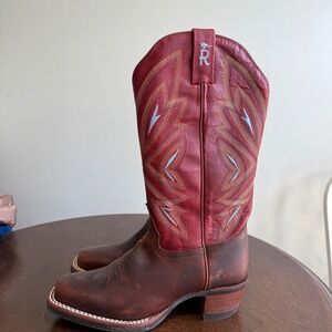 Tony‎ Lama Women's Western Cowboy Boots Square Toe Red Leather Stitching Design